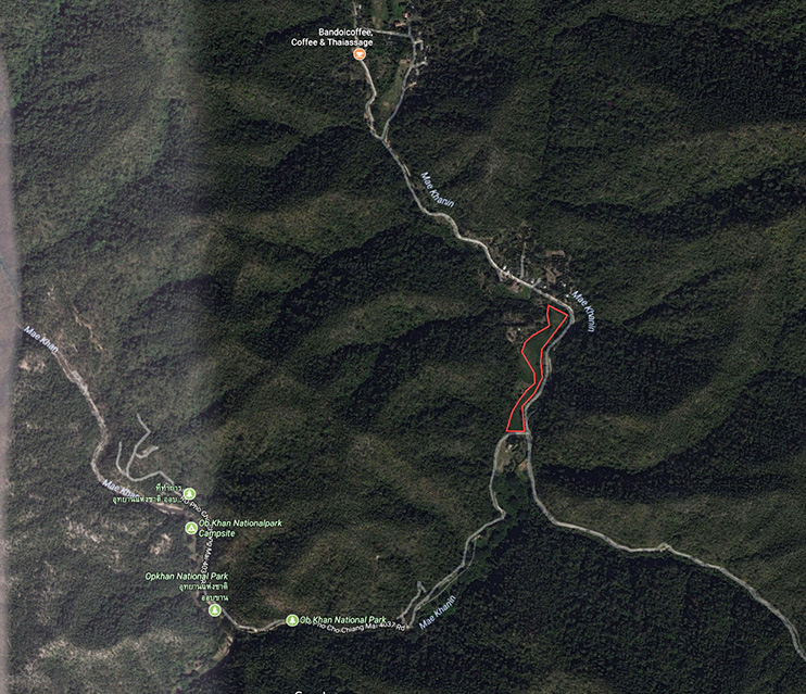 Local map showing the outlined land plot near Mae Khanin / Ob Khan area